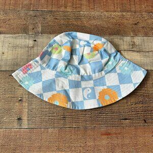 ASOS Bucket Hat Blue & White Checkered With Floral & Yin-Yang Print Size M/L
